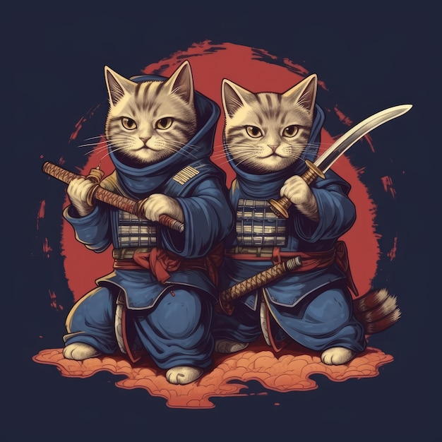 Funny Samurai Cat Cartoon