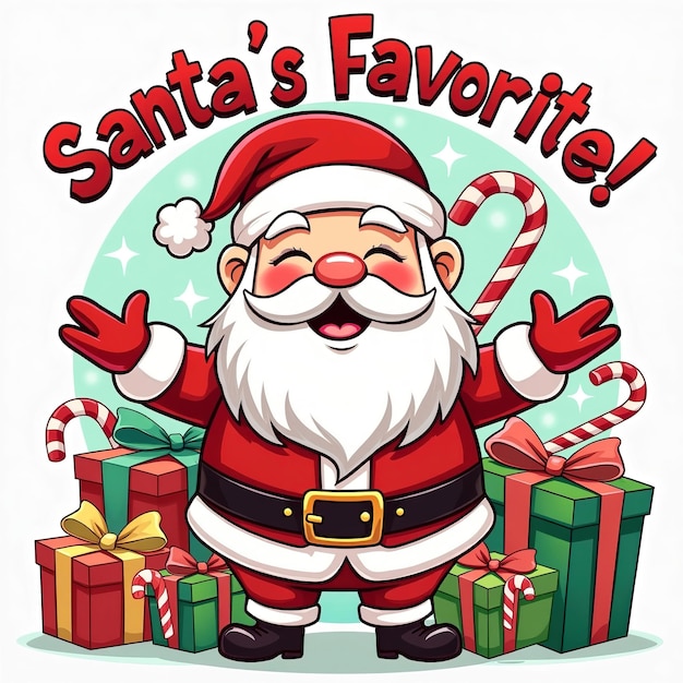 Photo funny santa claus christmas illustration with gifts and candy canes