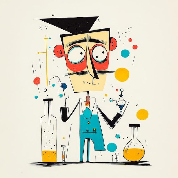 Photo funny scientist with test tubes in hand drawn style vector illustration