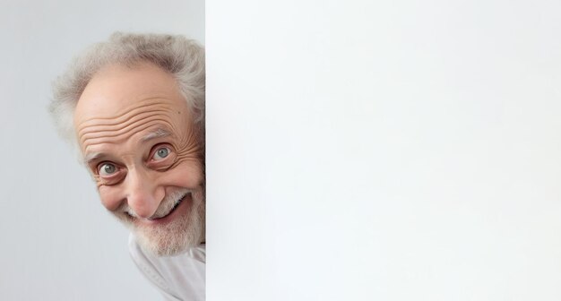 Funny senior man smiling peeping peeking out from behind white blank wall background