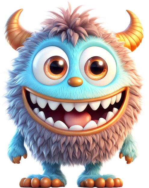 Funny shaggy furry cheerful monster with big eyes and smiling mouth with big white teeth isolated on white background Children's cartoon character or cute soft toy Generative AI