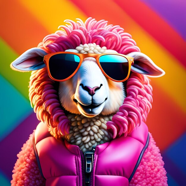 Funny Sheep Wearing A Hot Coat And Sunglasses On Colorful Background