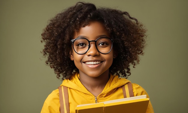 Funny smiling african american child schoolgirl with glasses hold book ai generative