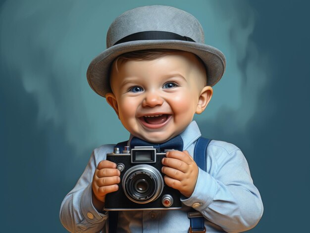 funny smiling baby as photographer