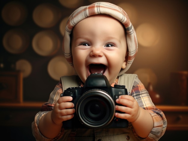 funny smiling baby as photographer