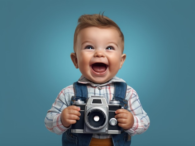 funny smiling baby as photographer