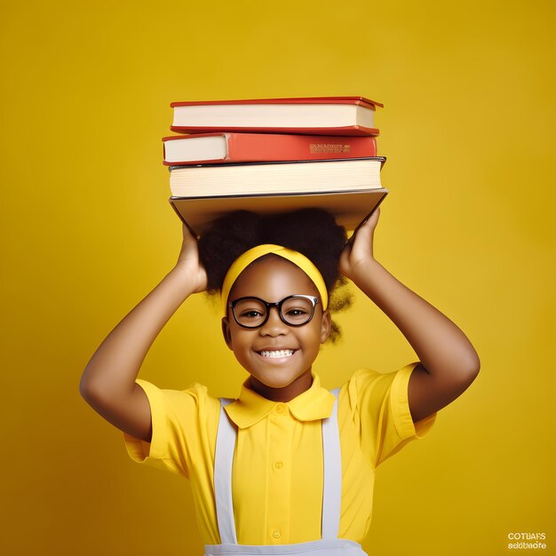 funny smiling Black child school girl with glasses hold books on her head Yellow background