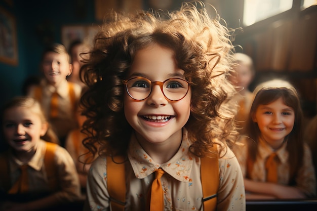 funny smiling child school happy girl with glasses hold booksGenerated with AI