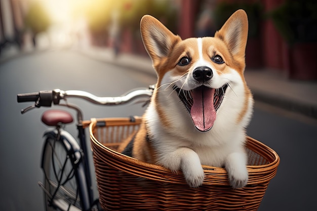 Funny smiling Corgi in a bicycle basket rides on a sunny day Generative AI AIG15