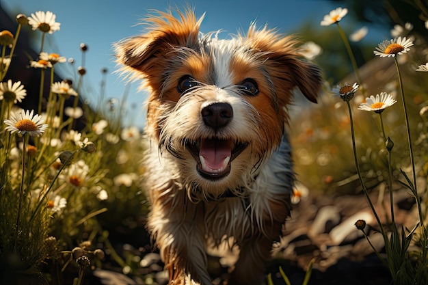 Funny smiling dog walking on green grass