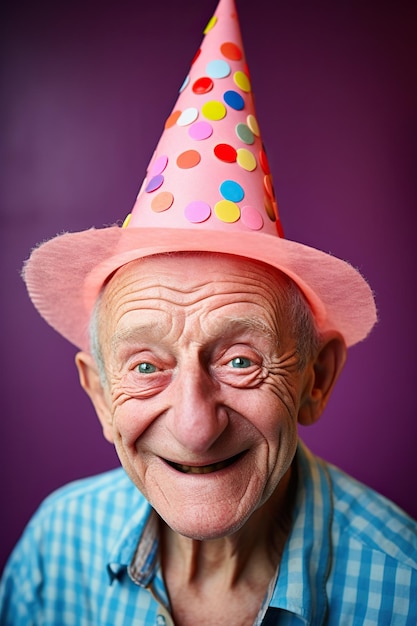 Funny smiling elderly man wearing a pointed party hat