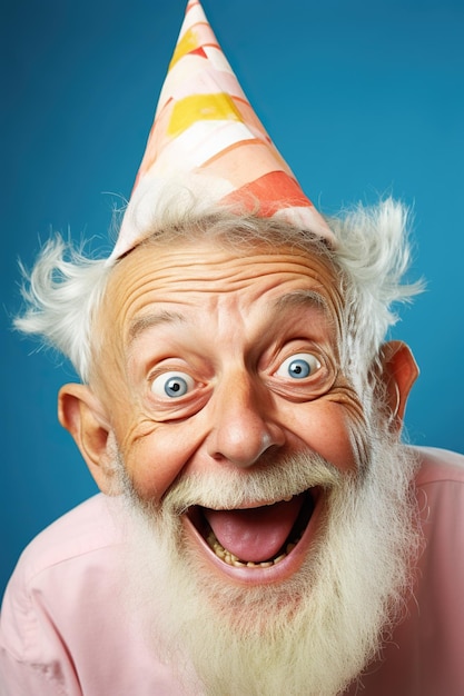 Funny smiling elderly man wearing a pointed party hat