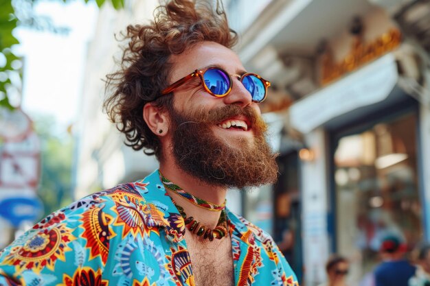 Funny smiling hipster handsome man guy in stylish summer cloth in the street in sunglasses