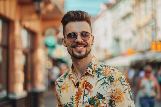 Funny smiling hipster handsome man guy in stylish summer cloth in the street in sunglasses