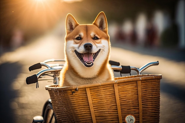 Funny smiling Shiba dog in a bicycle basket rides on a sunny day Generative AI AIG15