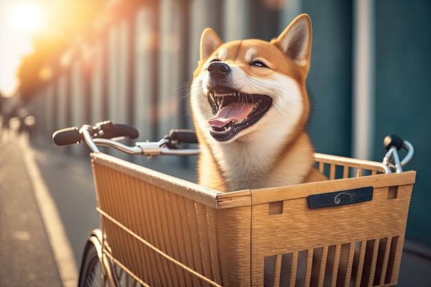 Funny smiling Shiba dog in a bicycle basket rides on a sunny day Generative AI AIG15