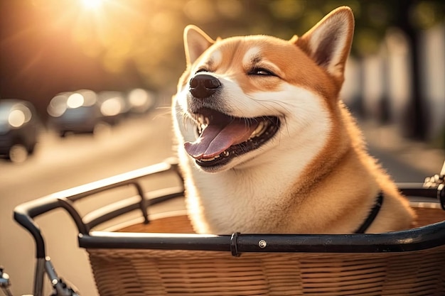 Funny smiling Shiba dog in a bicycle basket rides on a sunny day Generative AI AIG15