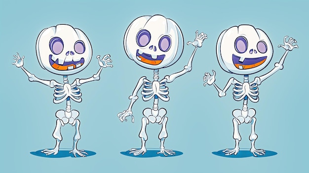 Funny smiling skeletons on blue background