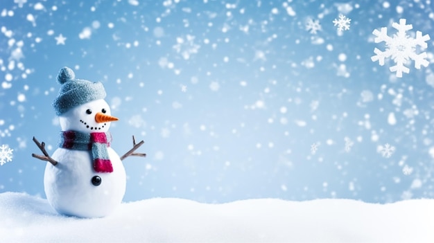 Funny snowman on Christmas holiday winter background Merry Christmas and Happy Holidays wishes generative ai