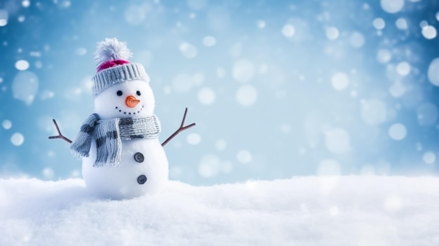 Funny snowman on Christmas holiday winter background Merry Christmas and Happy Holidays wishes generative ai