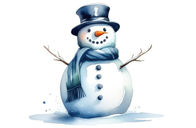 funny snowman on white background watercolor illustration for greeting card winter concept