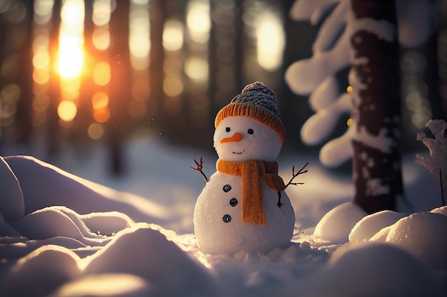 Funny snowman in winter forest at sunset Christmas backgroundgenerative ai