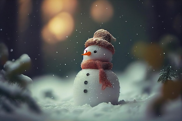 Funny snowman in winter forest at sunset Christmas backgroundgenerative ai