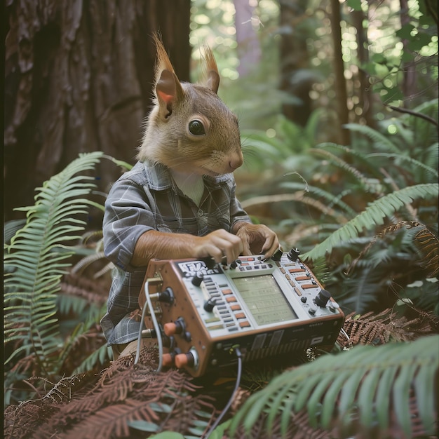 Photo funny squirrel in the forest the squirrel is sitting on a radio