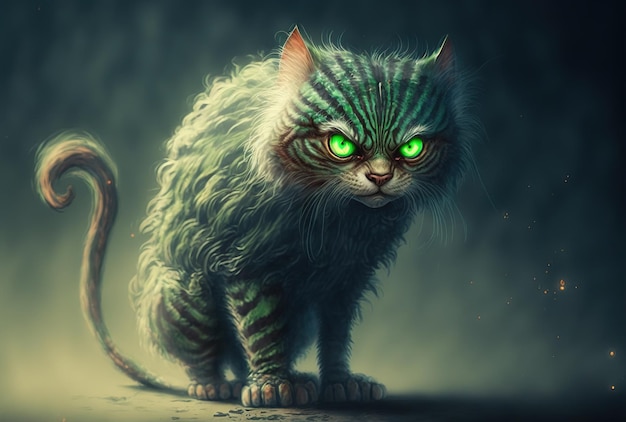 Funny striped cat with green eyes that is furious