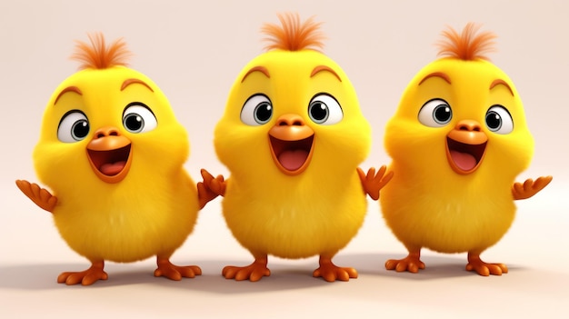 Funny three cartoon little chicks in a row each with a cheerful smile Happy yellow birds Isolated on white background Ideal for childrens illustration Easter greeting postcard scrapbooking