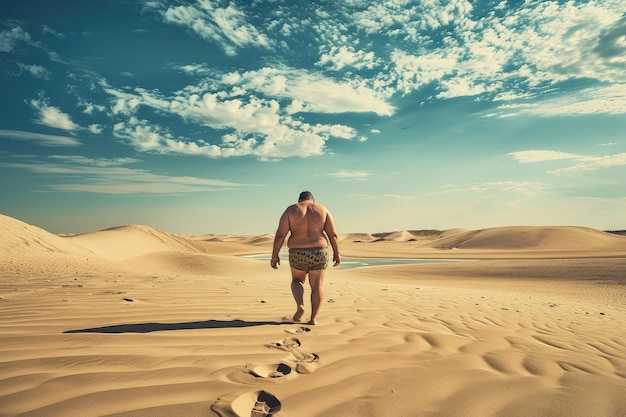 Funny Tourist Looking for Sea in Desert Global Warming Concept Overweight Swimmer