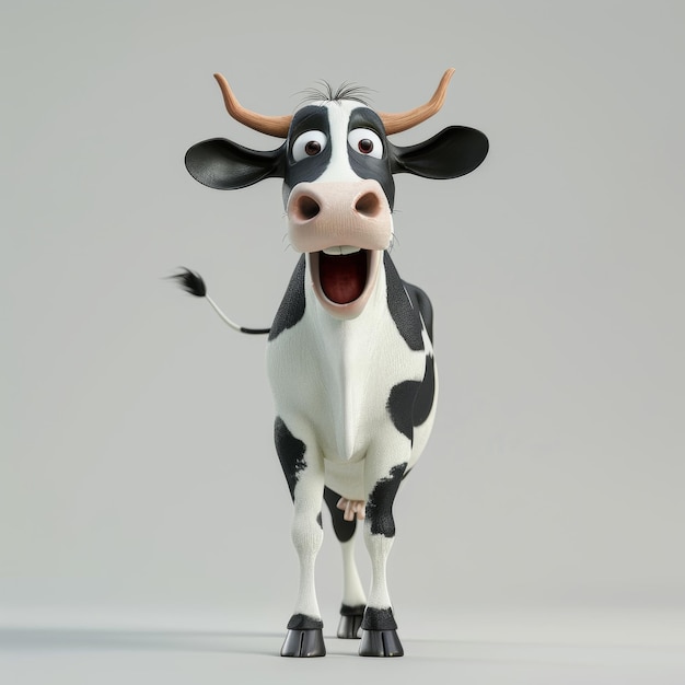 Funny toy cow with big horns on a gray background 3d rendering