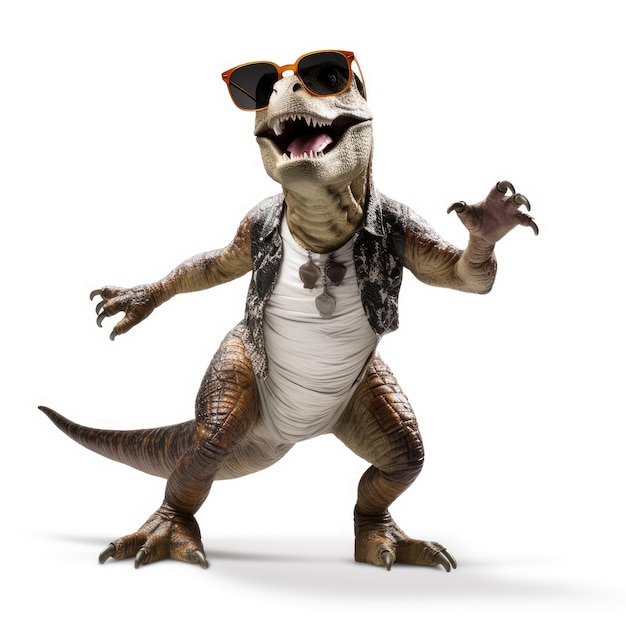 Funny TRex wearing sunglasses and dancing Isolated on white background