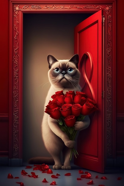 Funny Valentines card Cute cat holding red roses flower