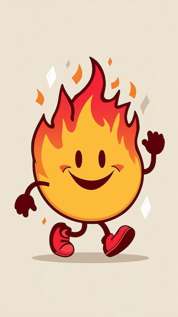 Funny walking fire with smile cartoon style vintage groovy characters