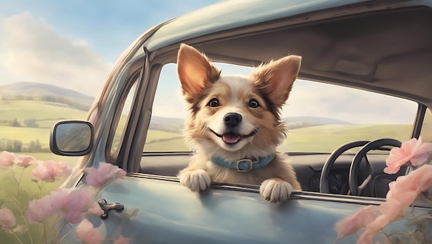 Funny watercolor Cute Pet dog Cartoon character with head out of the car window generated AI