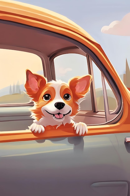 Funny watercolor Cute Pet dog Cartoon character with head out of the car window generated AI