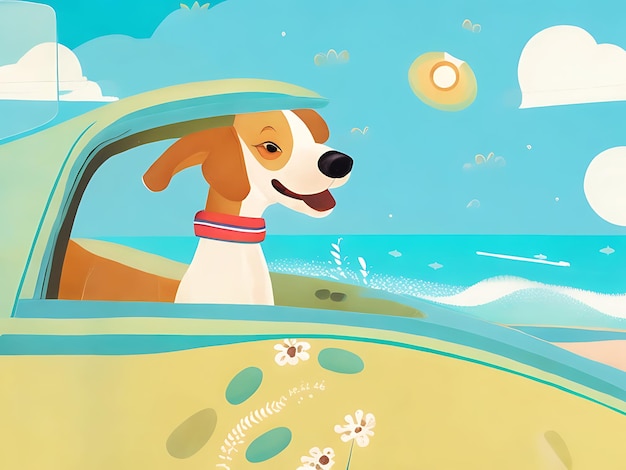 Funny watercolor Cute Pet dog Cartoon character with head out of the car window Generated AI