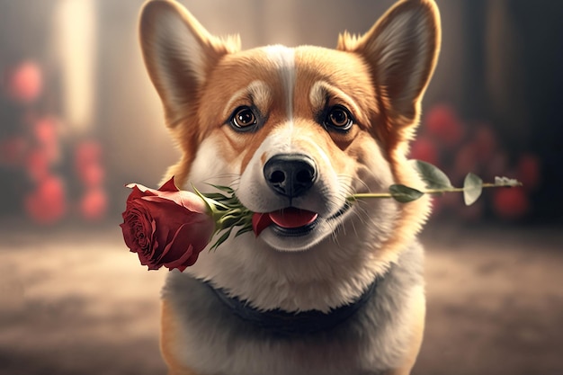 Funny welsh corgi dog with a red rose in his mouth realistic ilustration Generative AI