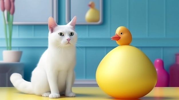 Funny white cat sits with a yellow rubber duck Generative AI