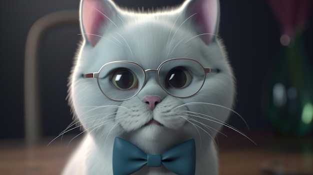 Funny white cat wearing bow tie and glasses digital art illustration Generative AI