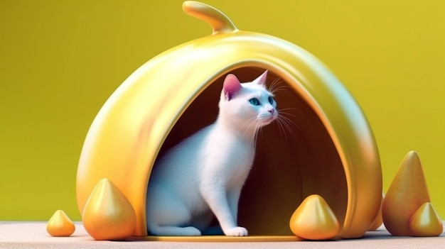 A funny white cat in a yellow background Generative AI