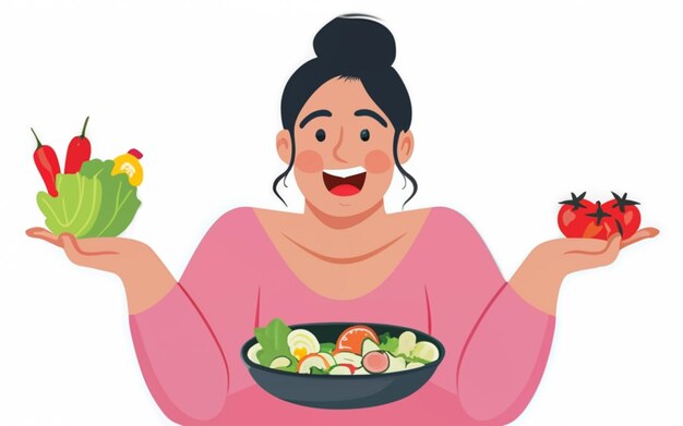 Funny Woman Present Vegetable Salad Cartoon Style