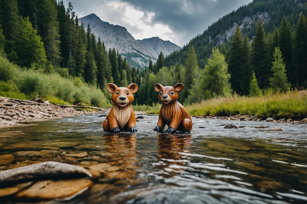 Funny wood animals in a mountain landscape with a river