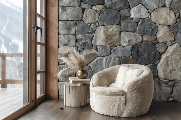 Photo fur accent barrel chair against window and wild stone cladding wall boho country rustic interior