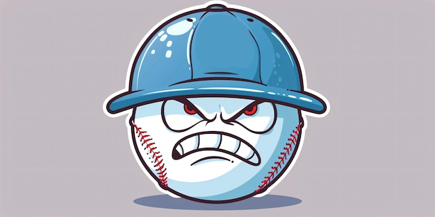 Photo furious cartoon baseball with blue cap as teams mascot