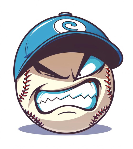 Photo furious cartoon baseball with blue cap representing a team