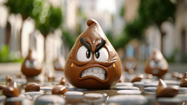 Photo a furious cartoon poop character stands out amidst a bustling cityscape fuming with rage