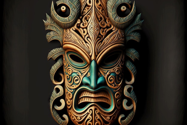 Furious god face wooden tiki mask on black background