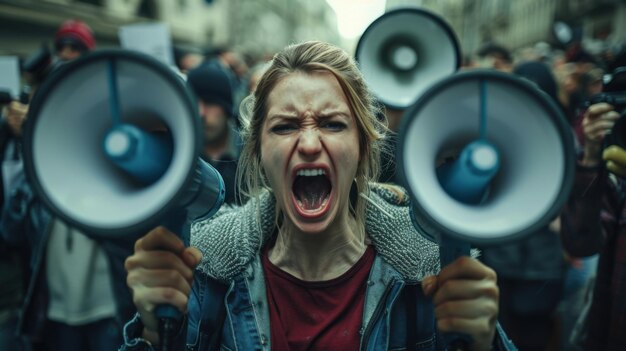 Photo furious protester shouting through megaphones during a demonstration surrounded by a crowd in an urban setting